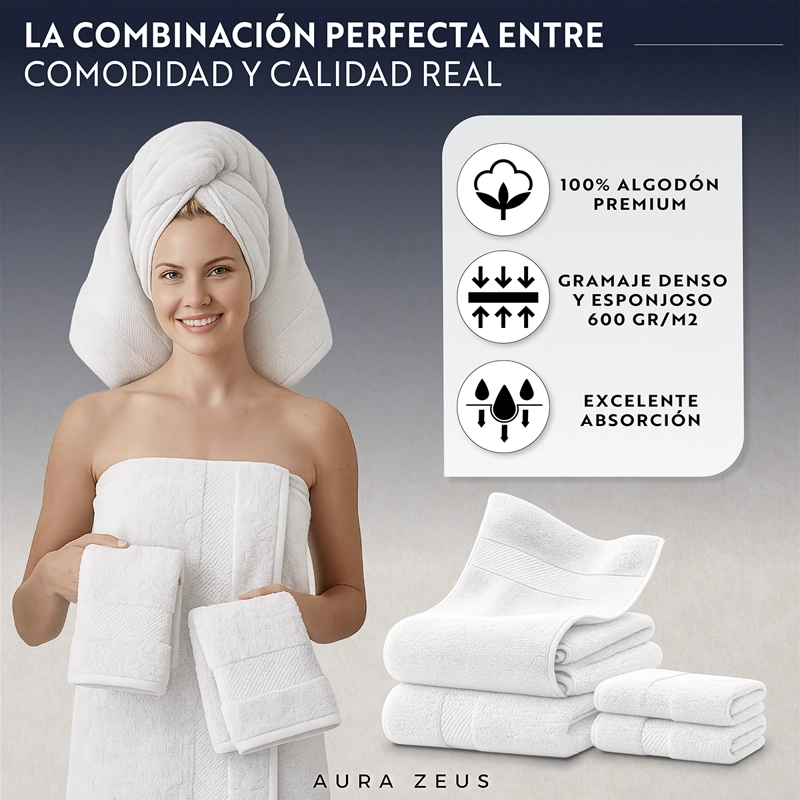SET DE 4 TOALLAS DE BANO ALGODON 600GR/M2 CUERPO MANO GRANDE BLANCO GRIS - 9