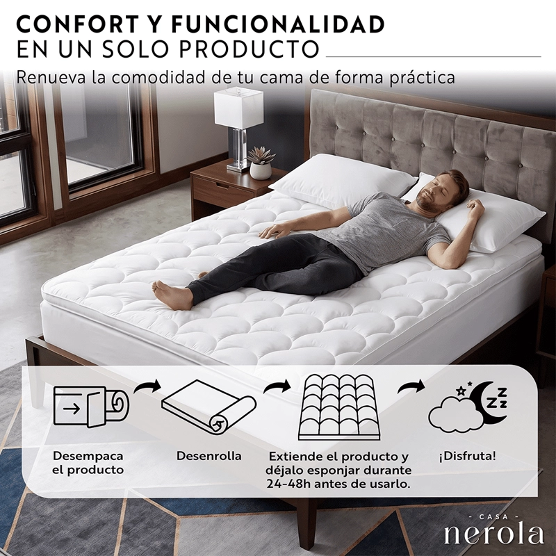 TOPPER CUBRE COLCHON MICROFIBRA GEL HIPOALERGENICO ACOLCHADO 1.5 PLAZAS BLANCO - 5