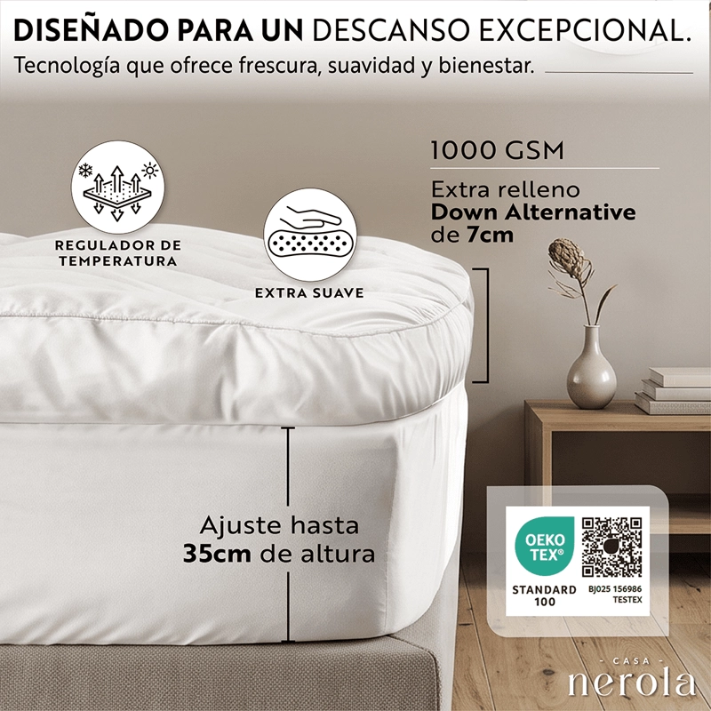 TOPPER CUBRE COLCHON MICROFIBRA GEL HIPOALERGENICO ACOLCHADO 1.5 PLAZAS BLANCO - 7