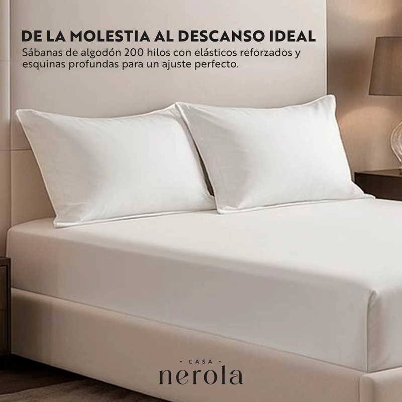 SABANA BAJERA AJUSTABLE 100% ALGODON 200 HILOS ELASTICO 360 CASA NEROLA BLANCO 2 PLAZAS - 2