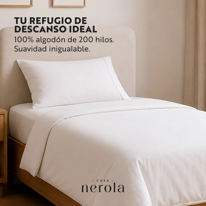 JUEGO DE SABANAS 100% ALGODON 200 HILOS ELASTICO 360 CASA NEROLA BLANCO 1.5 PLAZAS - 2