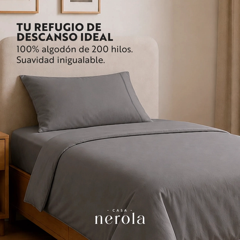 JUEGO DE SABANAS 100% ALGODON 200 HILOS ELASTICO 360 CASA NEROLA GRIS 1.5 PLAZAS - 2