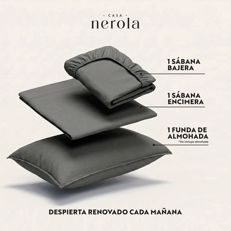 JUEGO DE SABANAS 100% ALGODON 200 HILOS ELASTICO 360 CASA NEROLA GRIS 1.5 PLAZAS - 3