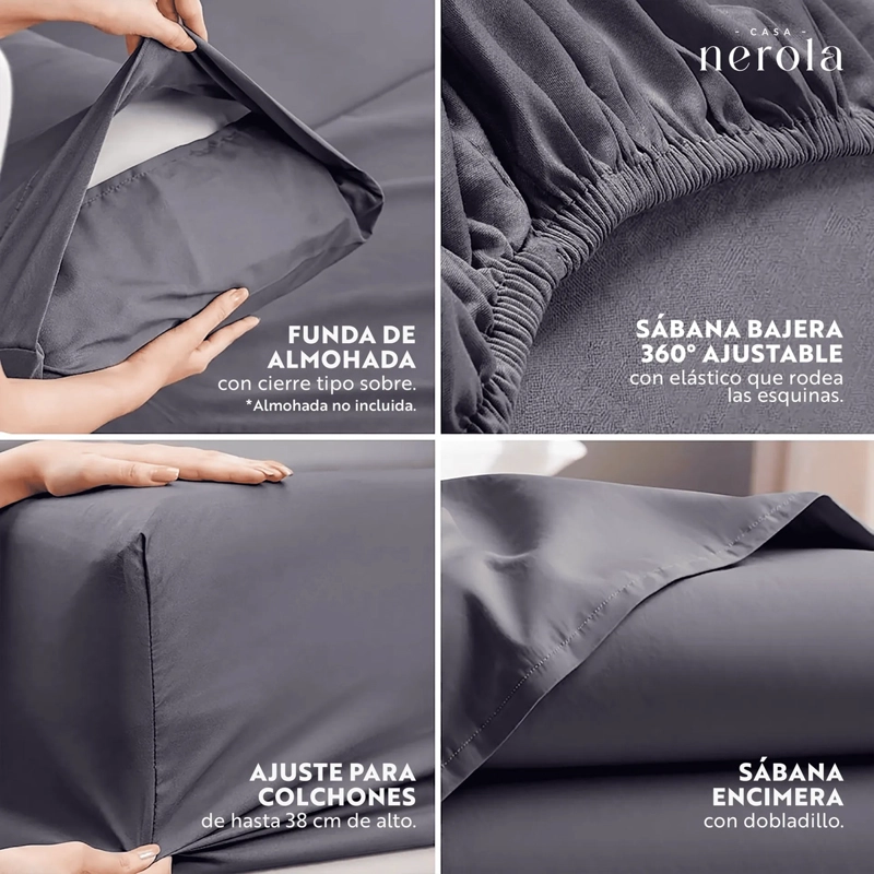 JUEGO DE SABANAS 100% ALGODON 200 HILOS ELASTICO 360 CASA NEROLA GRIS 1.5 PLAZAS - 4