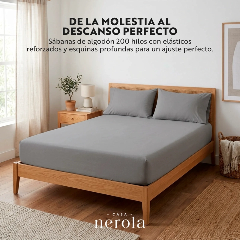 SABANA BAJERA AJUSTABLE 100% ALGODON 200 HILOS ELASTICO 360 CASA NEROLA GRIS 1.5 PLAZAS - 2