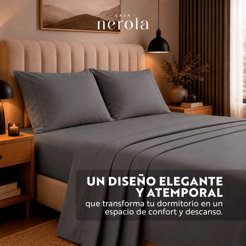 JUEGO DE SABANAS 100% ALGODON 200 HILOS ELASTICO 360 CASA NEROLA GRIS 2 PLAZAS - 2