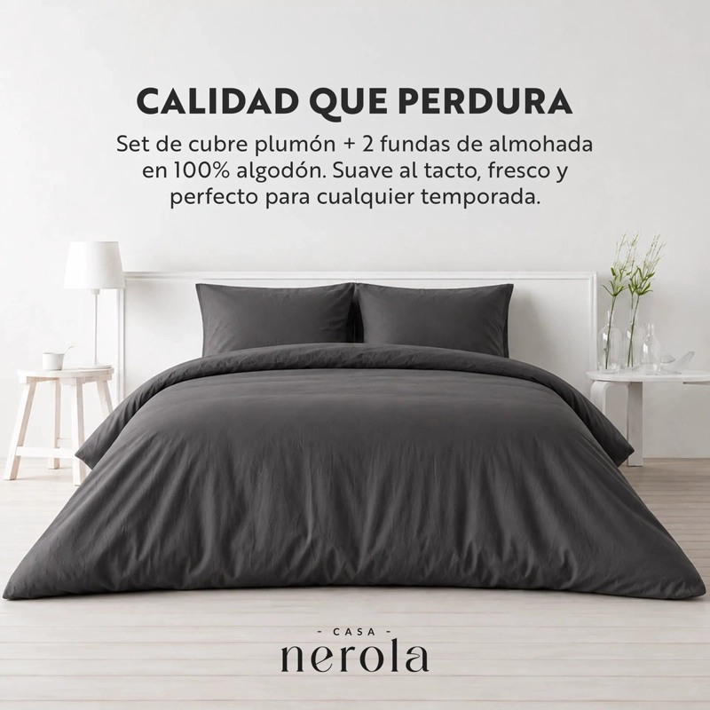 SET FUNDA DE PLUMON + 2 FUNDAS DE ALMOHADA 100% ALGODON 200 HILOS CASA NEROLA GRIS 2 PLAZAS - 2