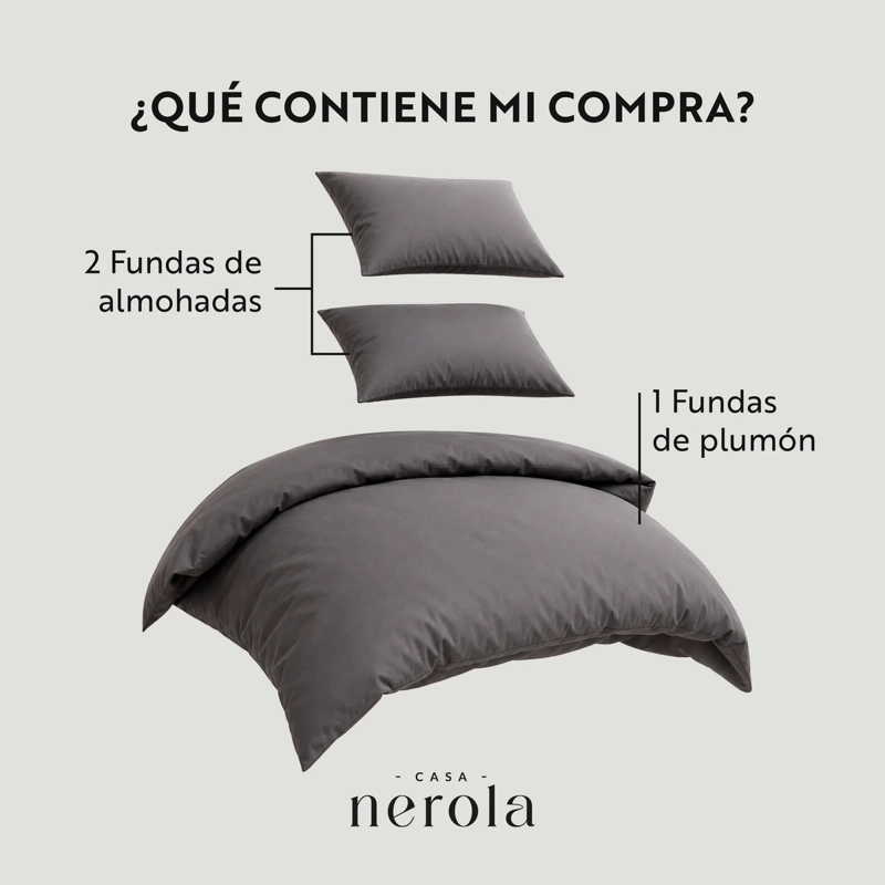 SET FUNDA DE PLUMON + 2 FUNDAS DE ALMOHADA 100% ALGODON 200 HILOS CASA NEROLA GRIS 2 PLAZAS - 3