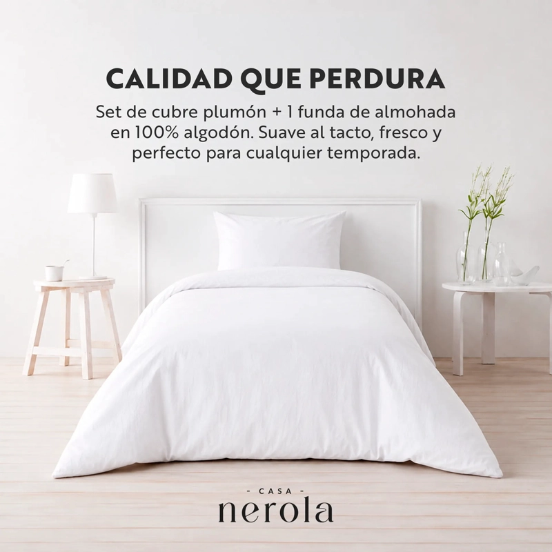 SET FUNDA DE PLUMON + FUNDA DE ALMOHADA 100% ALGODON 200 HILOS CASA NEROLA BLANCO 1.5 PLAZAS - 2