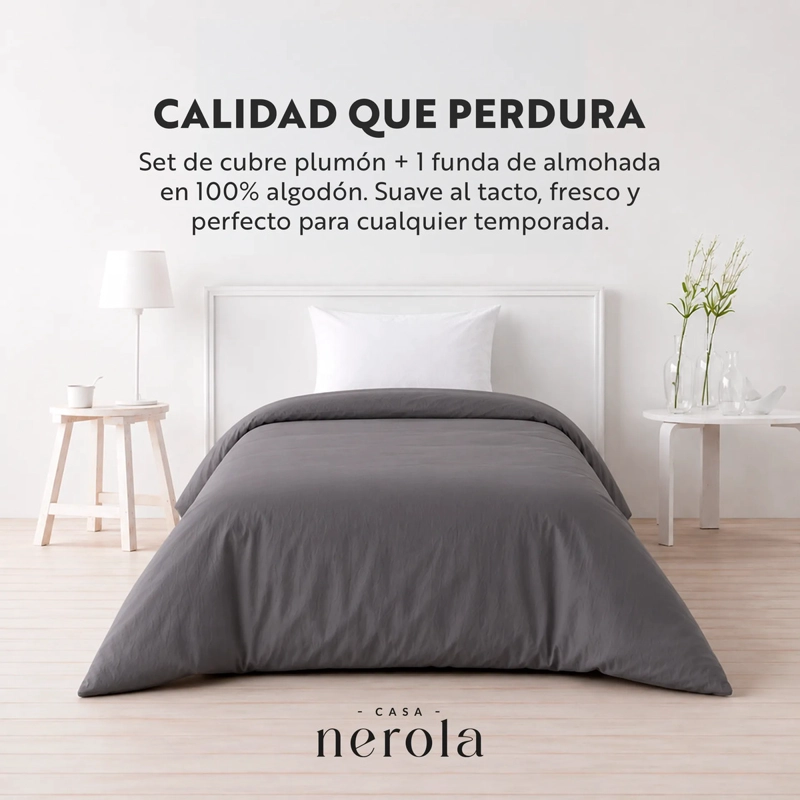FUNDA DE PLUMON 1,5 PLAZA + FUNDA DE ALMOHADA 100% ALGODON 200 HILOS GRIS - 2