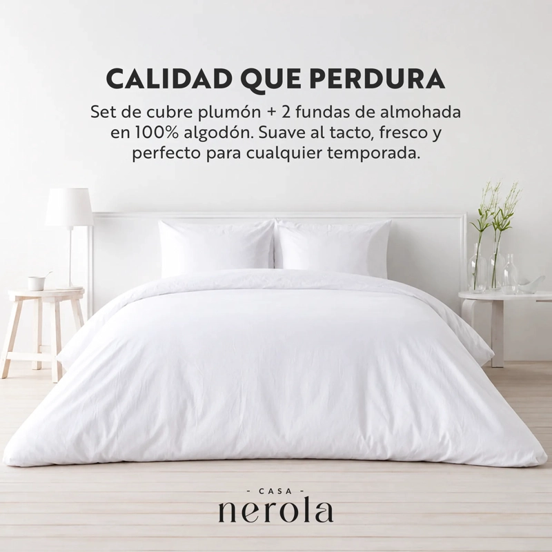 SET FUNDA DE PLUMON + 2 FUNDAS DE ALMOHADA 100% ALGODON 200 HILOS CASA NEROLA BLANCO 2 PLAZAS - 2