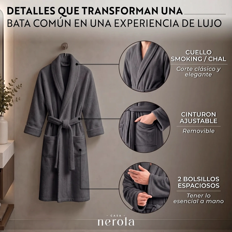 BATA DE BAÑO DE ALGODON UNISEX CASA NEROLA 400 G/M2 CON CINTURON TALLA S/M - 3