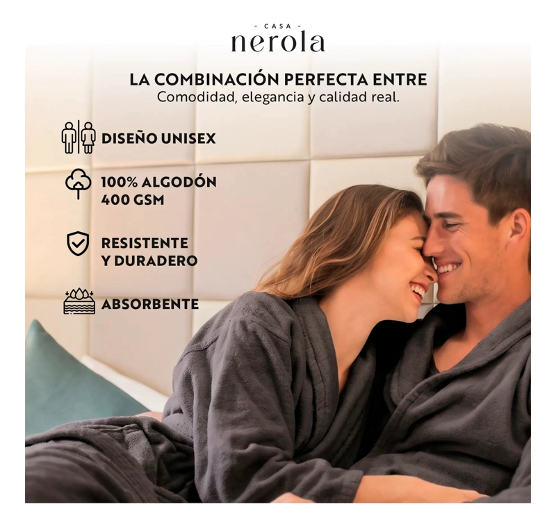 BATA DE BAÑO DE ALGODON UNISEX CASA NEROLA 400 G/M2 CON CINTURON TALLA S/M - 4