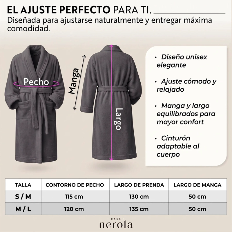 BATA DE BAÑO DE ALGODON UNISEX CASA NEROLA 400 G/M2 CON CINTURON TALLA S/M - 7