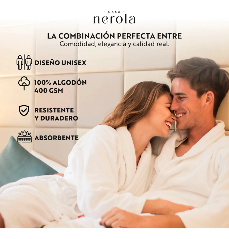 BATA DE BAÑO DE ALGODON UNISEX CASA NEROLA 400 G/M2 CON CINTURON TALLA L/XL - 4