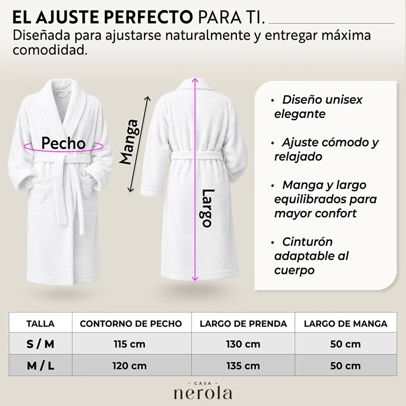 BATA DE BAÑO DE ALGODON UNISEX CASA NEROLA 400 G/M2 CON CINTURON TALLA L/XL - 7