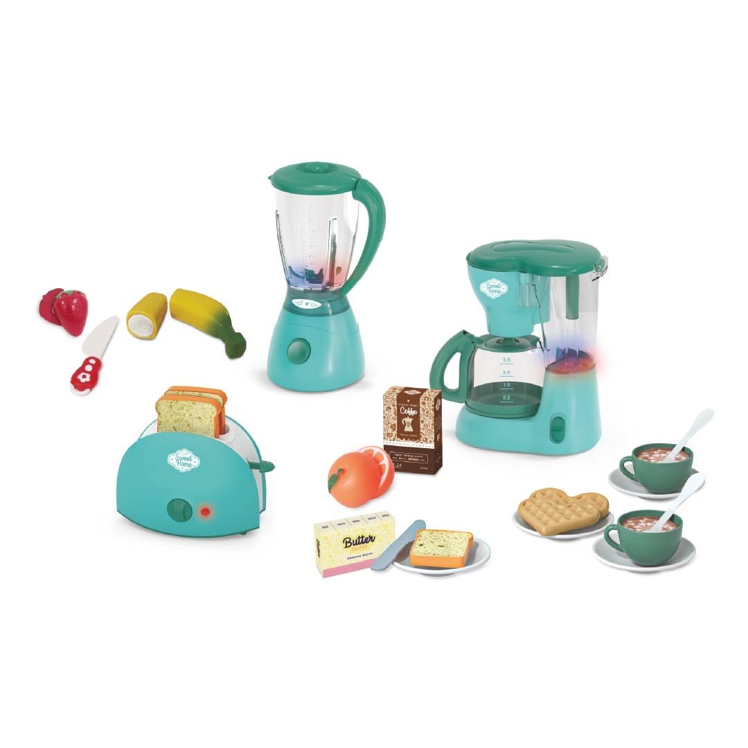 SET DESAYUNO 3 EN 1 CON LICUADORA, TOSTADORA, CAFETERA Y 28 ACCESORIOS JUGUETE NIÑAS Y NIÑOS - 1