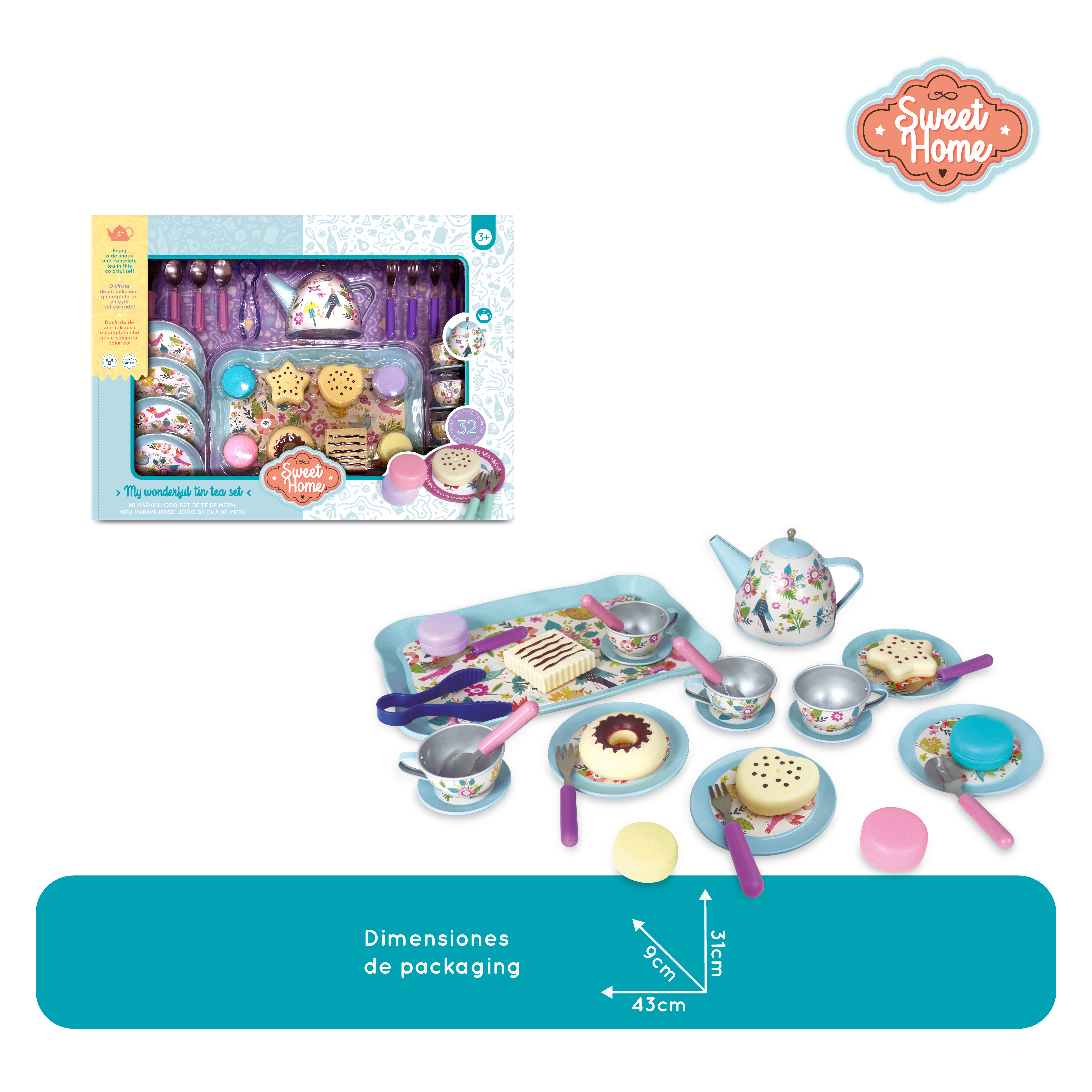 SET DE TE   METAL JUGUETE 32 PZS CON TAZAS, PASTELITOS Y ACCESORIOS NIÑAS Y NIÑOS - 3