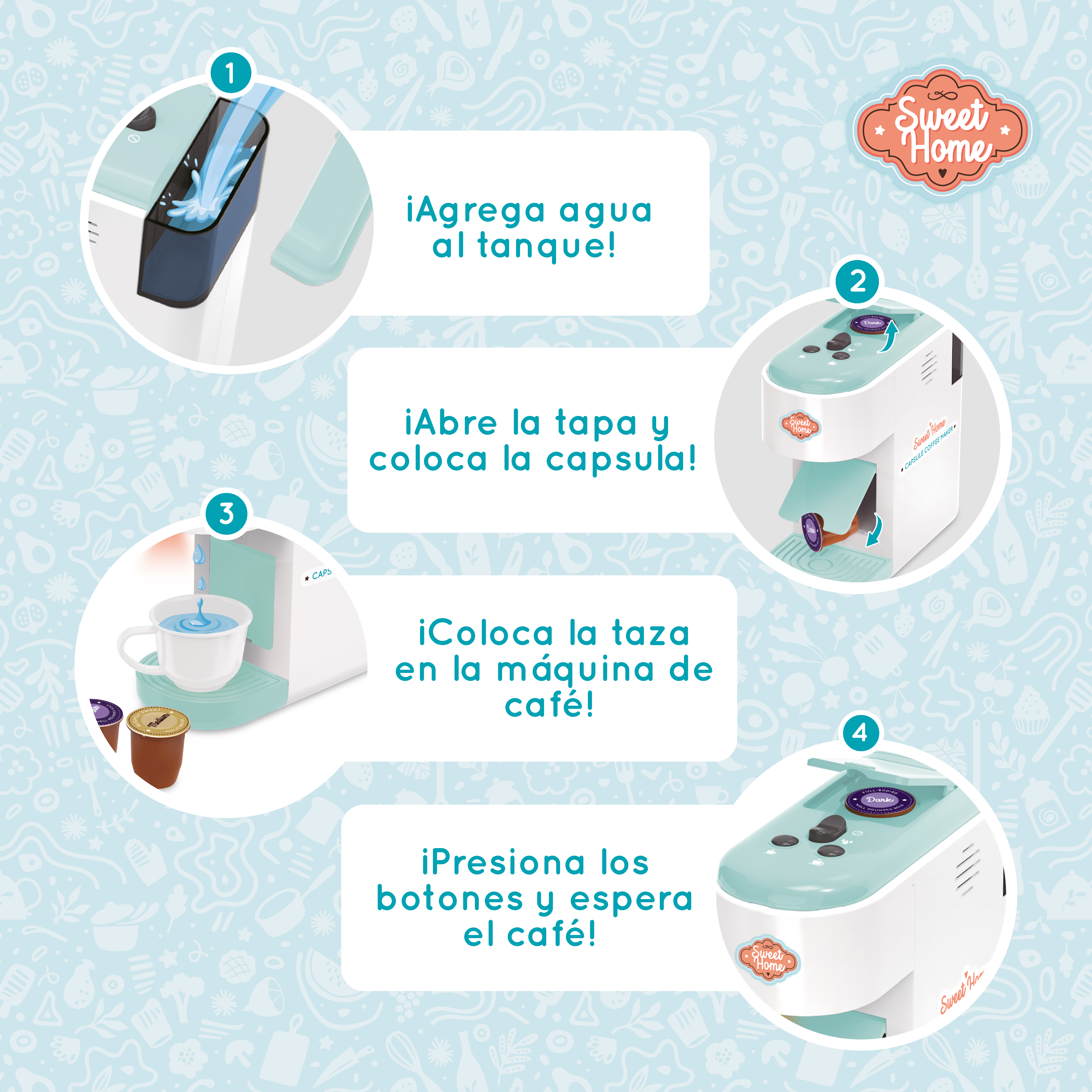 CAFETERA JUGUETE CAPSULAS CON LUZ, SONIDO Y 4 ACCESORIOS NIÑAS Y NIÑOS - 4
