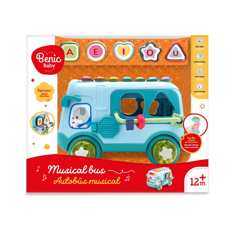 AUTOBUS MUSICAL INFANTIL CON XILOFONO Y FIGURAS DE ENCASTRE CELESTE - 1