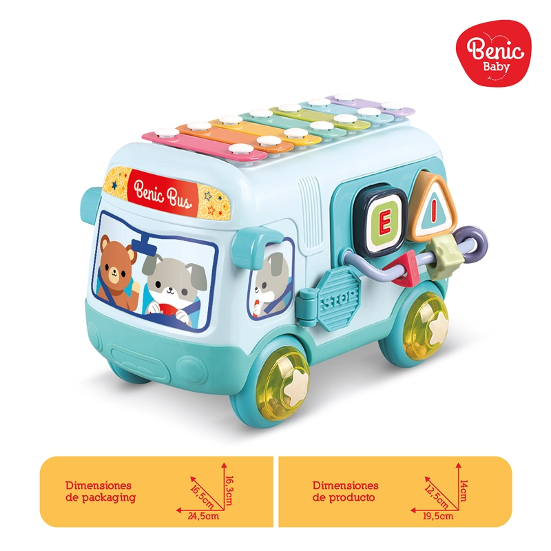 AUTOBUS MUSICAL INFANTIL CON XILOFONO Y FIGURAS DE ENCASTRE CELESTE - 2