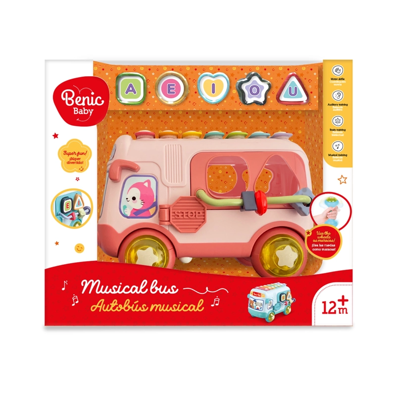 AUTOBUS MUSICAL INFANTIL CON XILOFONO Y FIGURAS DE ENCASTRE ROSADO - 1