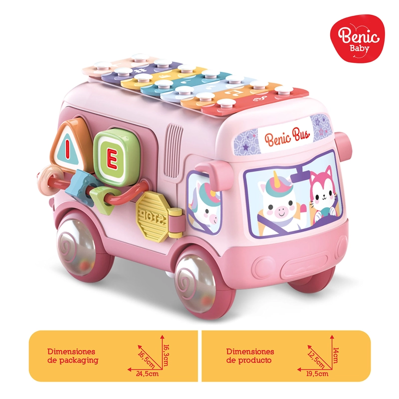 AUTOBUS MUSICAL INFANTIL CON XILOFONO Y FIGURAS DE ENCASTRE ROSADO - 2