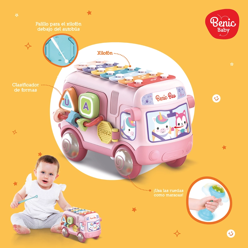 AUTOBUS MUSICAL INFANTIL CON XILOFONO Y FIGURAS DE ENCASTRE ROSADO - 3