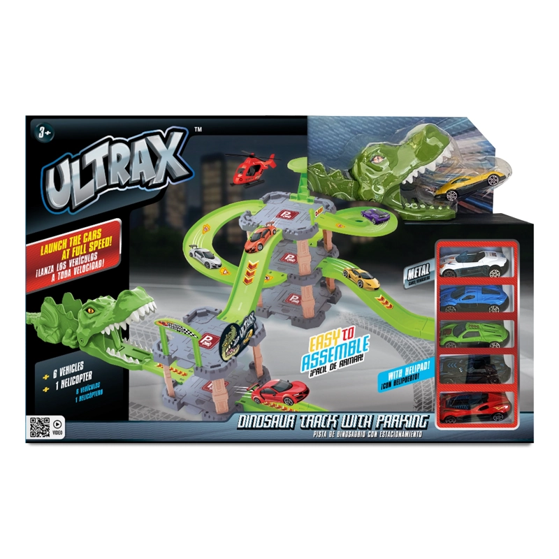 PISTA DE DINOSAURIOS CON ESTACIONAMIENTO 34 PIEZAS Y 6 AUTOS + HELICOPTERO - 1