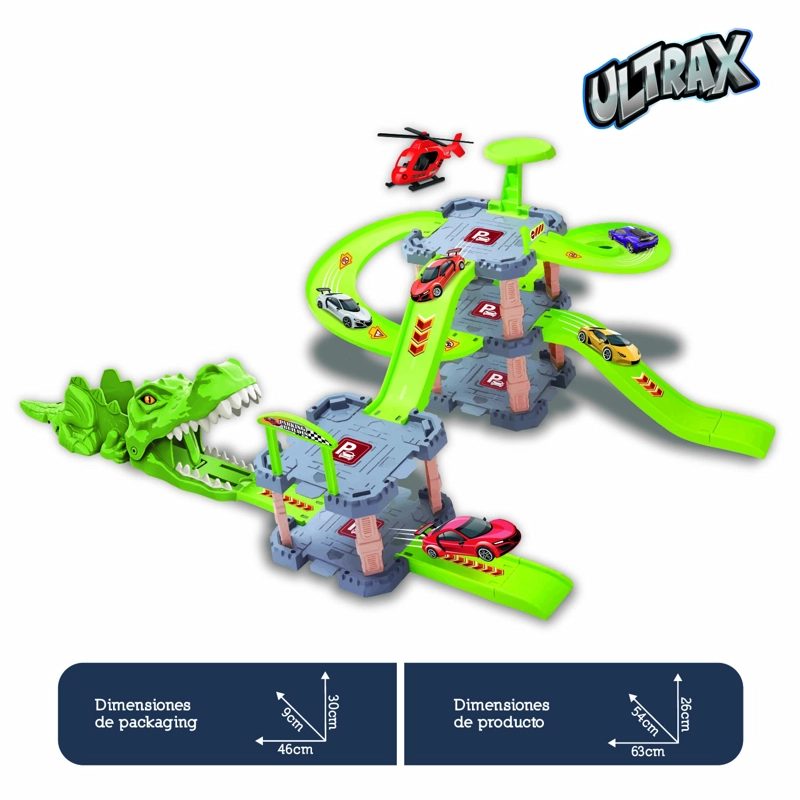 PISTA DE DINOSAURIOS CON ESTACIONAMIENTO 34 PIEZAS Y 6 AUTOS + HELICOPTERO - 2