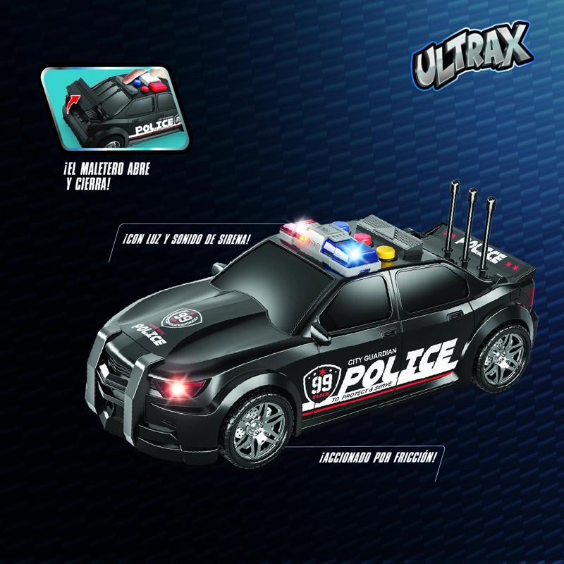 AUTO DE POLICIA DE FRICCION CON LUZ, SONIDO Y MALETERO ABATIBLE - 3