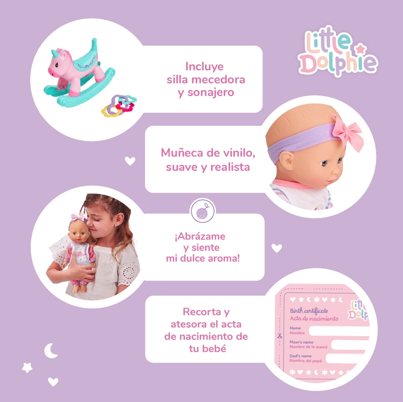 MUÑECA BEBE  29 CM CON MECEDORA UNICORNIO Y SONAJERO - 4