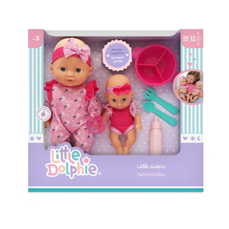 SET MUÑECAS HERMANAS 29 CM Y 17 CM CON ACCESORIOS DE ALIMENTACION - 1