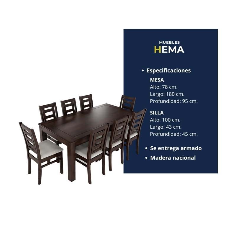 JUEGO DE COMEDOR SEVILLA 8 SILLAS CHOCOLATE MESA RECTANGULAR MADERA - 5