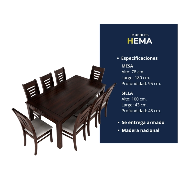 JUEGO DE COMEDOR ROMA 8 SILLAS CHOCOLATE MESA RECTANGULAR MADERA - 5
