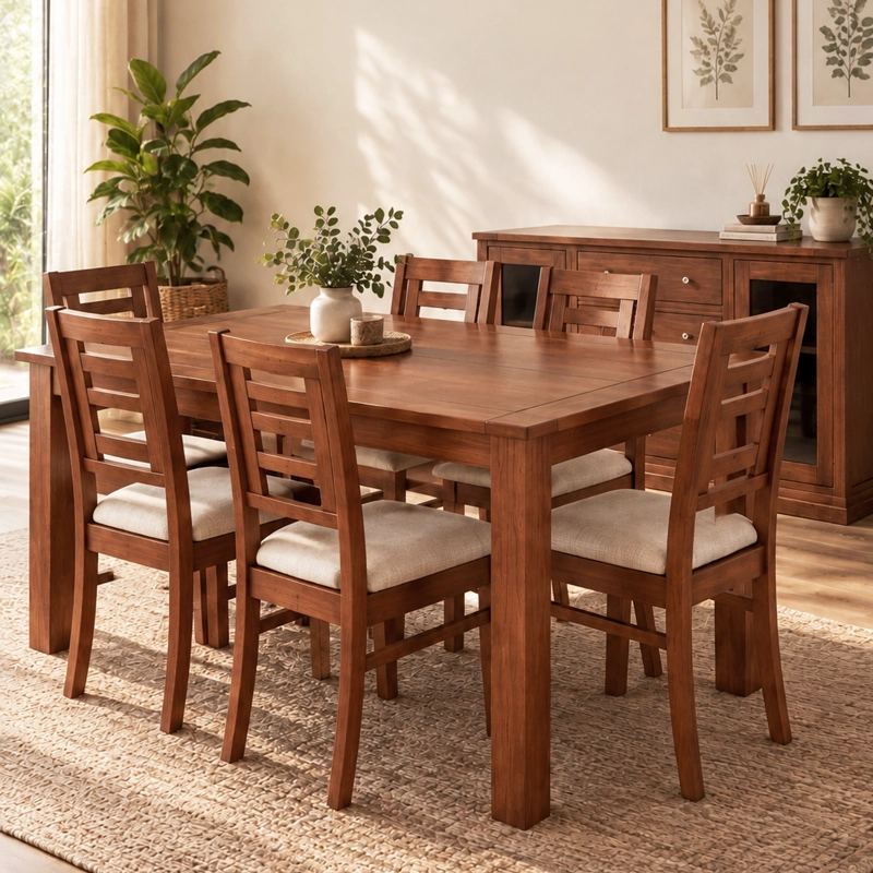 JUEGO DE COMEDOR SEVILLA 6 SILLAS NOGAL MESA RECTANGULAR MADERA - 5