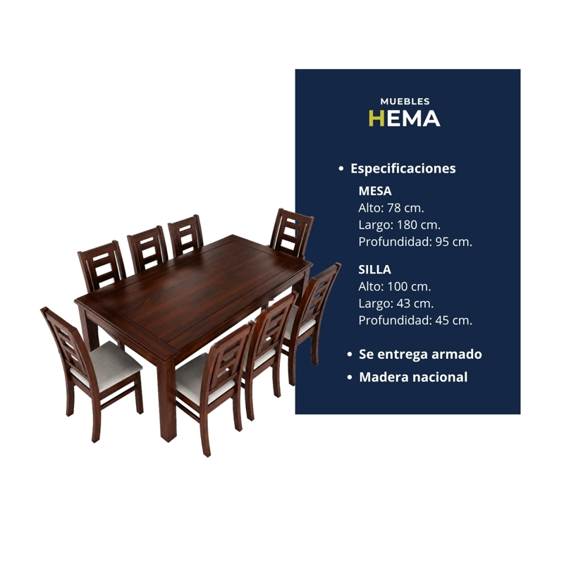 JUEGO DE COMEDOR SEVILLA 8 SILLAS NOGAL MESA RECTANGULAR MADERA - 5