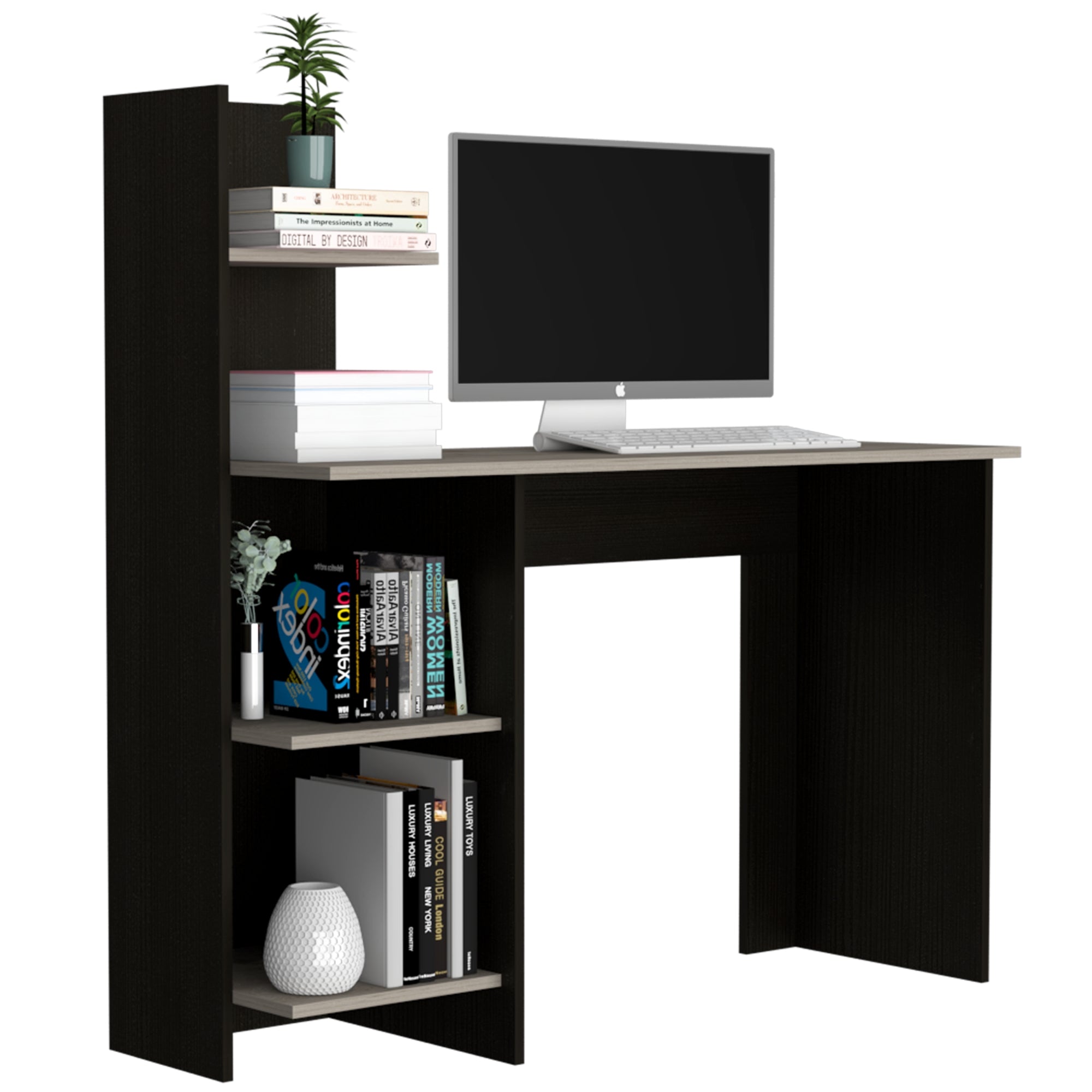 ESCRITORIO CON BIBLIOTECA OFFICE WENGUE Y CENIZA 120X120X45 CM - 1
