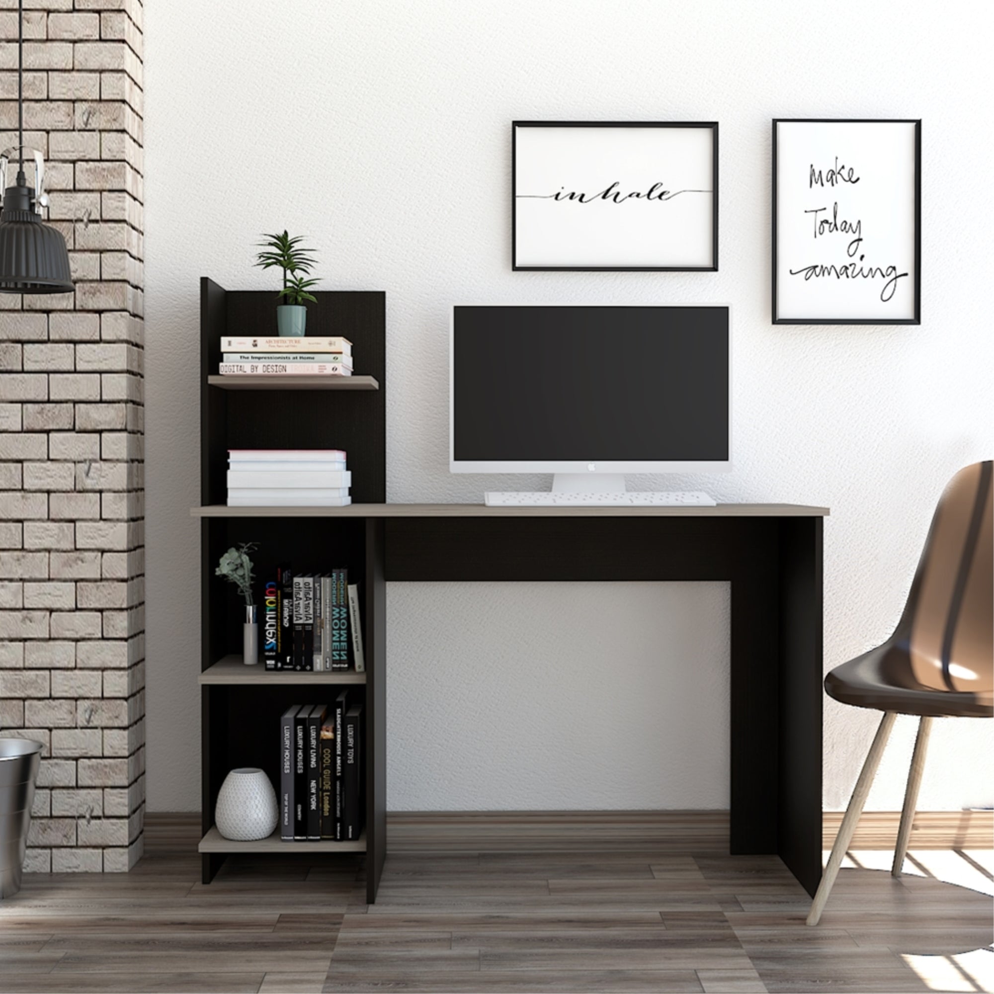 ESCRITORIO CON BIBLIOTECA OFFICE WENGUE Y CENIZA 120X120X45 CM - 6