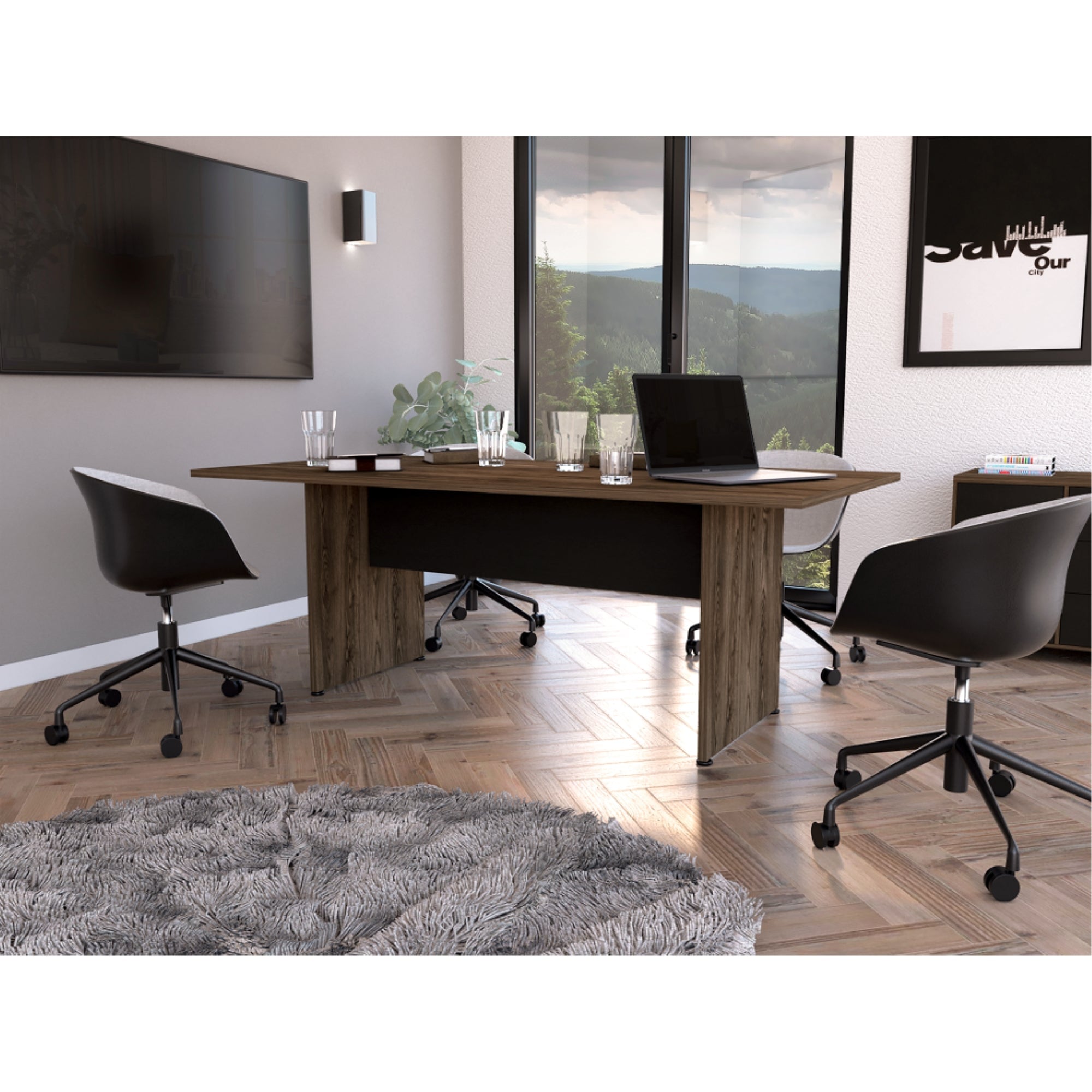 MESA DE REUNION RECTANGULAR HOME OFFICE NEGRO Y COÑAC 75X200X100 CM - 11