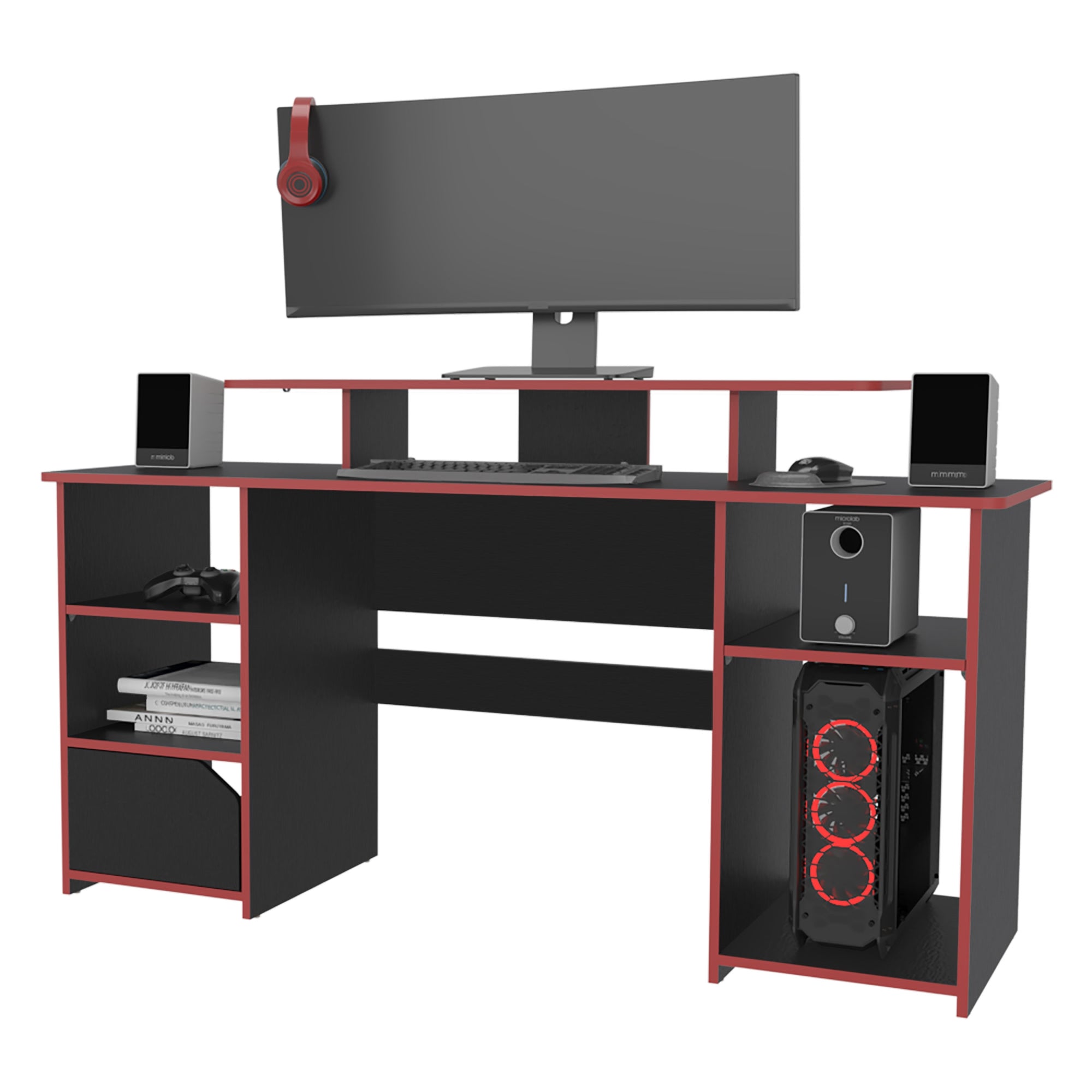 ESCRITORIO GAMER 1 PUERTA KERIA WENGUE Y CANTO ROJO - 1