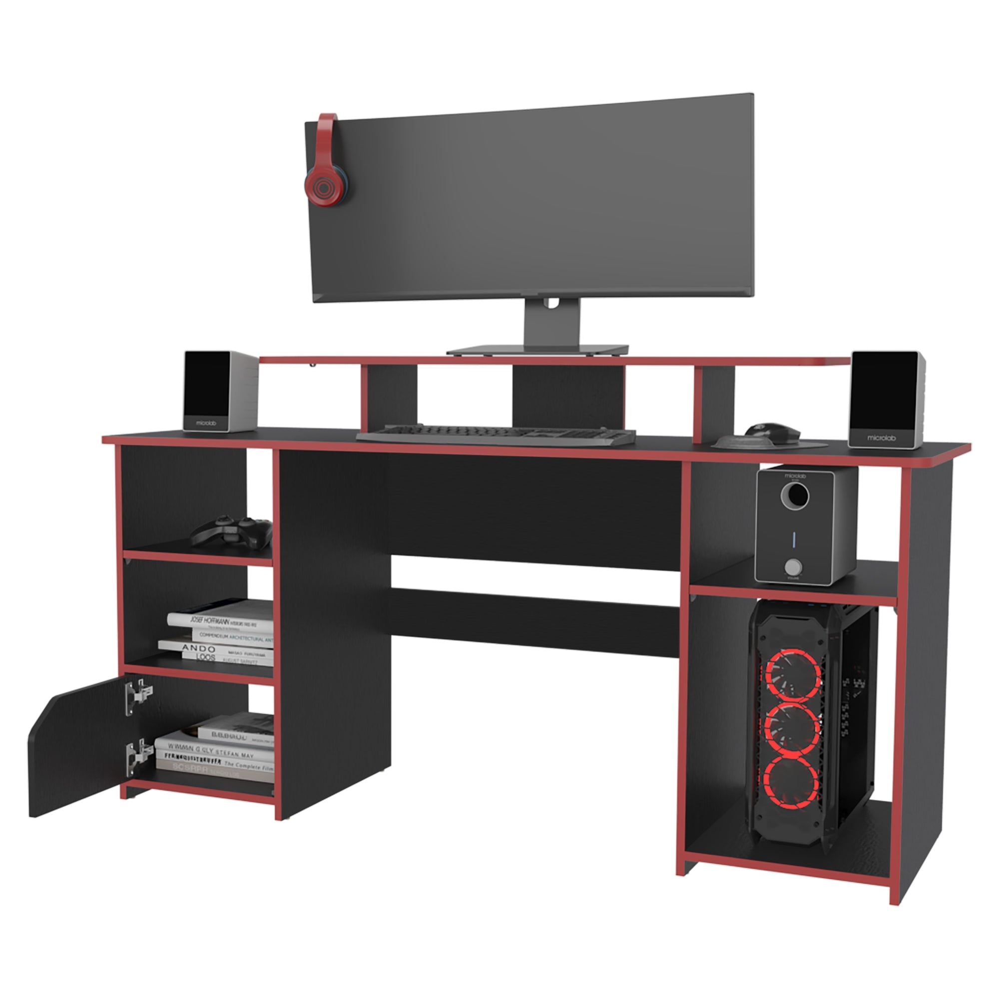 ESCRITORIO GAMER 1 PUERTA KERIA WENGUE Y CANTO ROJO - 2