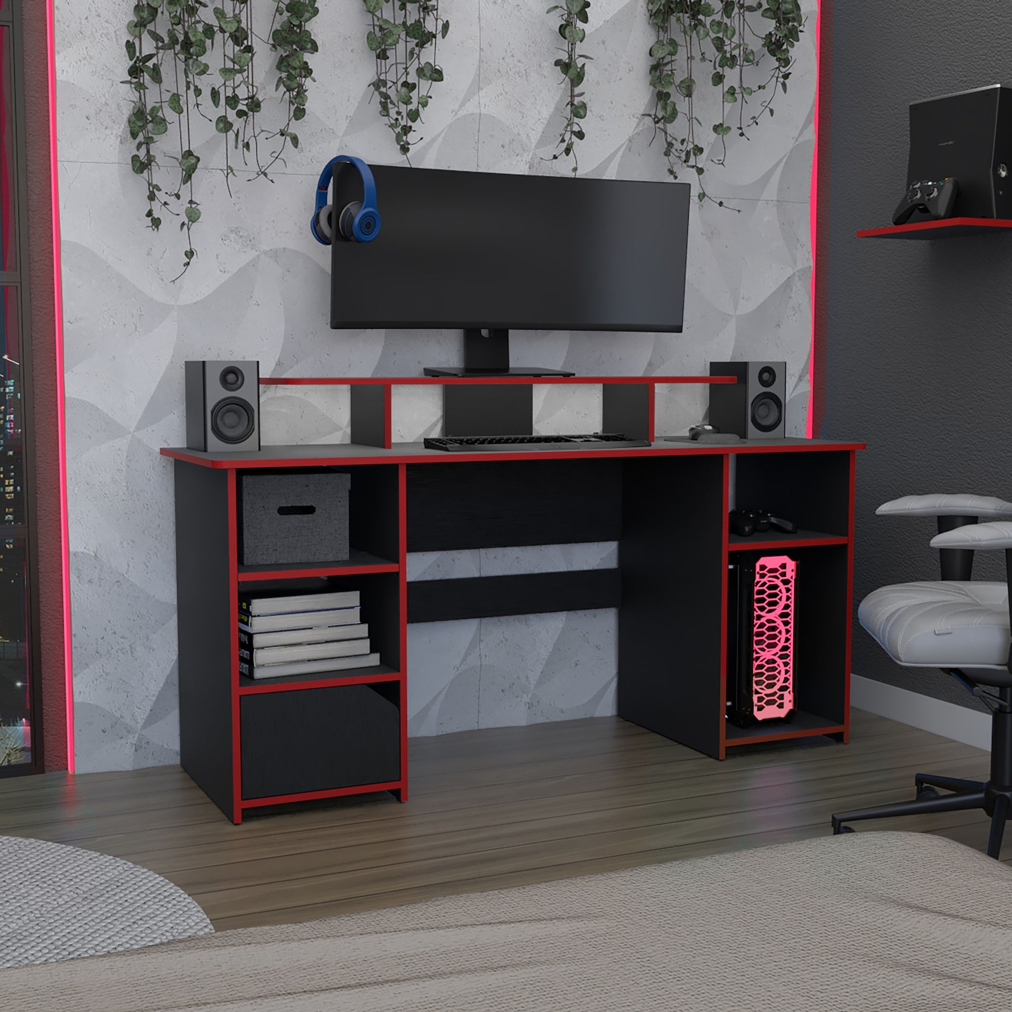 ESCRITORIO GAMER 1 PUERTA KERIA WENGUE Y CANTO ROJO - 5