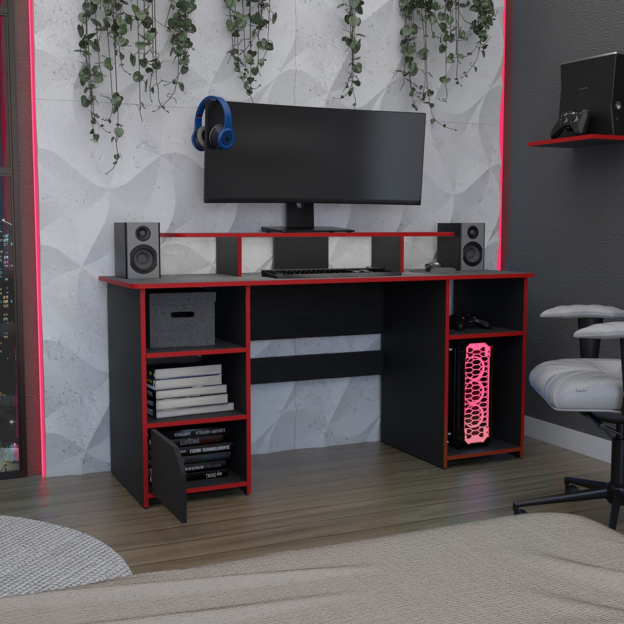 ESCRITORIO GAMER 1 PUERTA KERIA WENGUE Y CANTO ROJO - 6