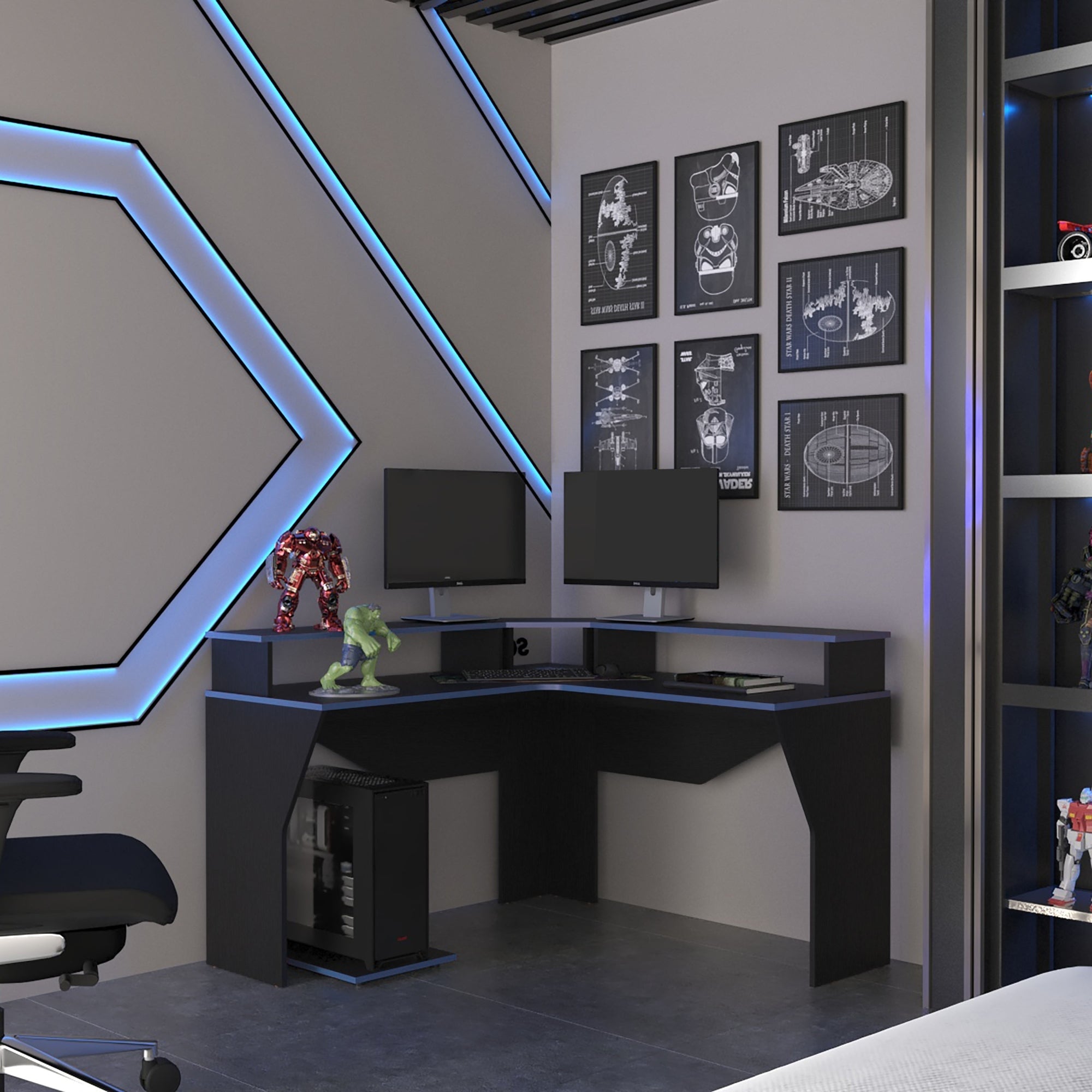 ESCRITORIO GAMER EN L CON 2 NIVELES PARA MONITORES GUMA WENGUE Y AZUL - 5
