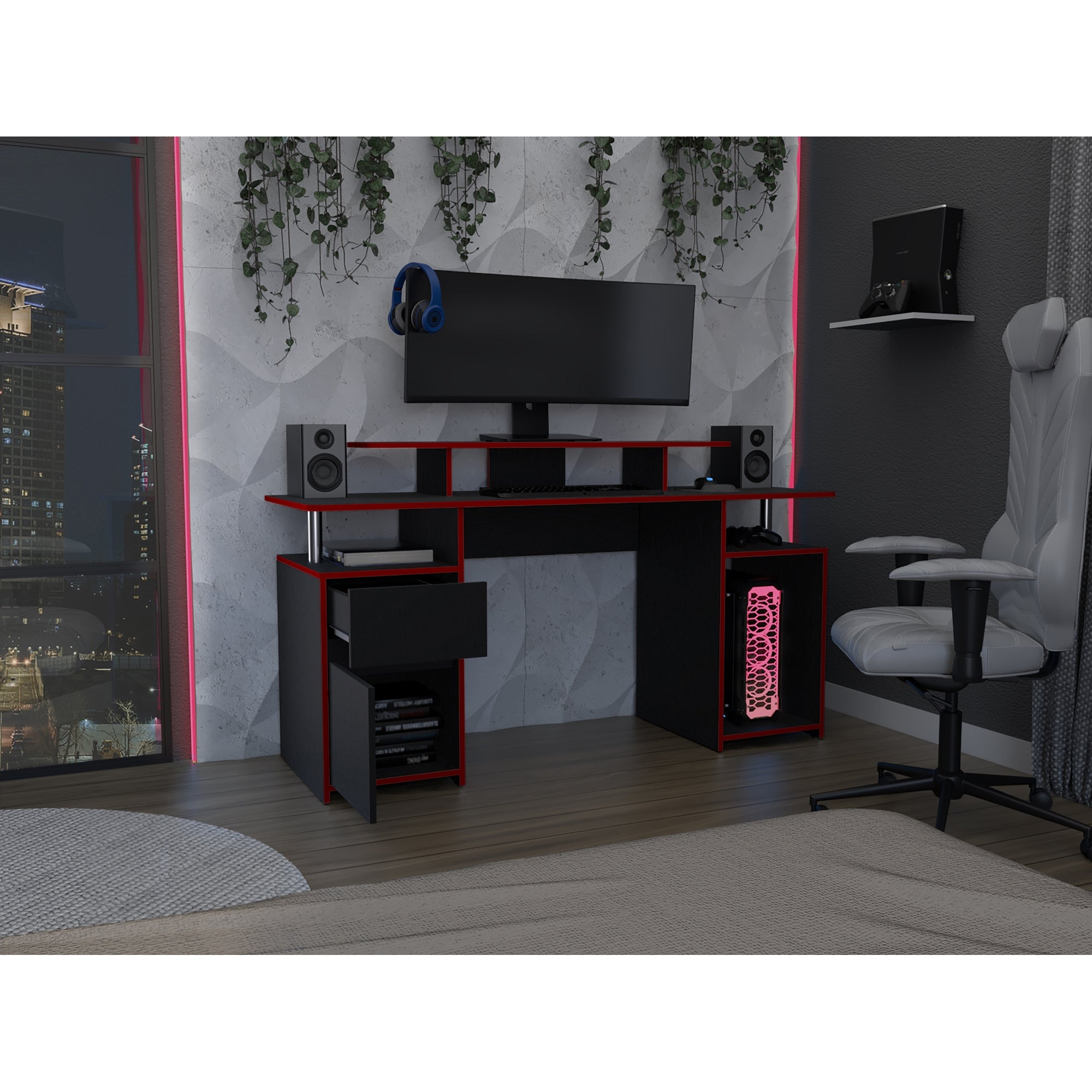 ESCRITORIO GAMER 1 CAJON 1 PUERTA KERIA 2.0 WENGUE Y ROJO - 6