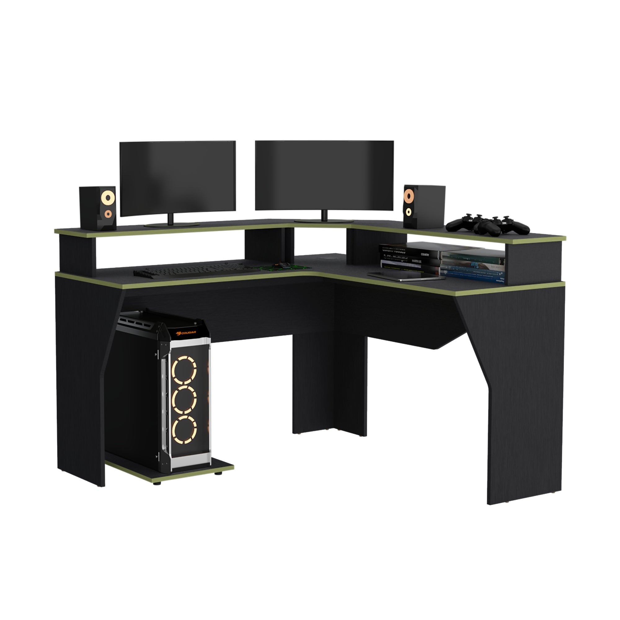 ESCRITORIO GAMER EN L CON 2 NIVELES PARA MONITORES GUMA WENGUE Y VERDE - 1
