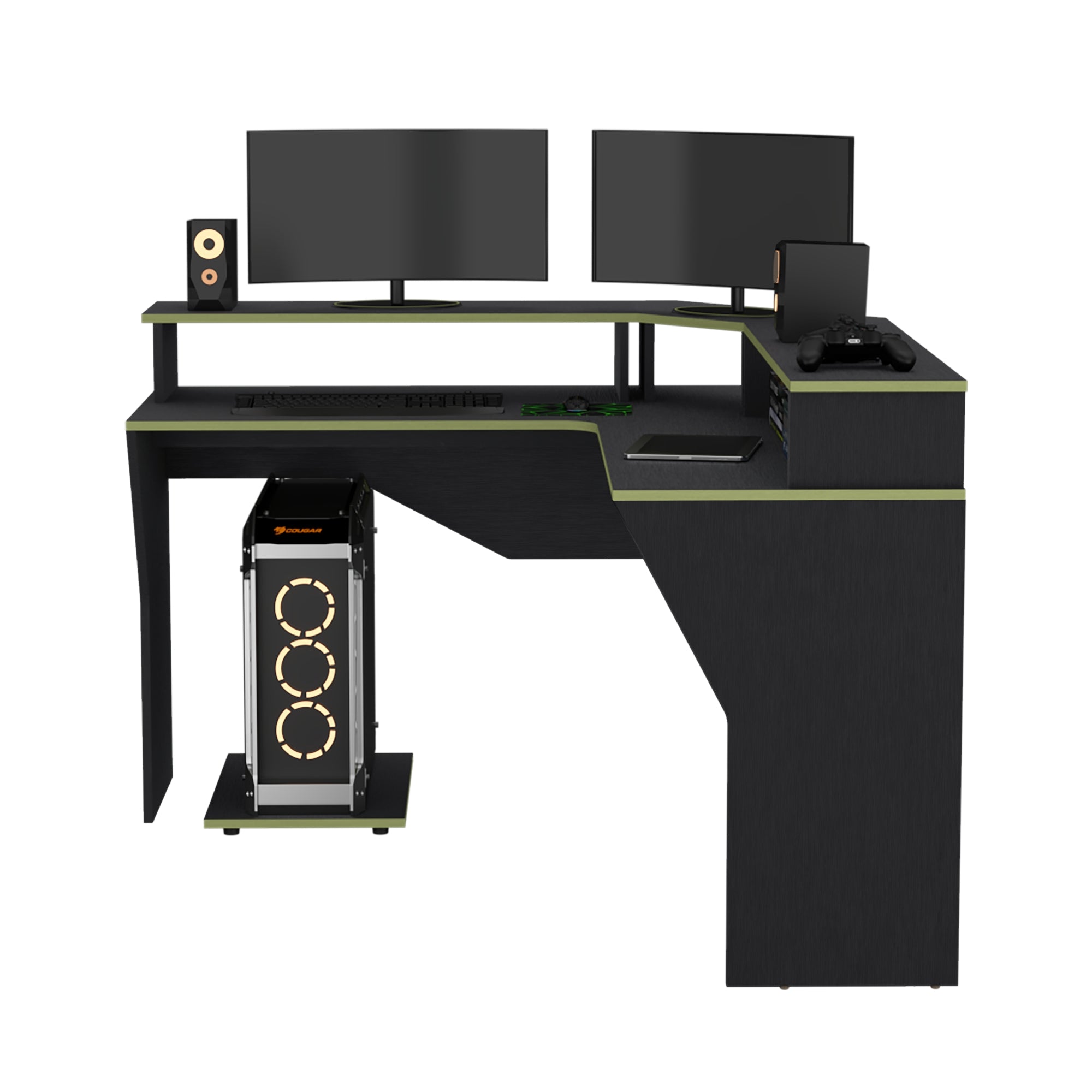 ESCRITORIO GAMER EN L CON 2 NIVELES PARA MONITORES GUMA WENGUE Y VERDE - 4