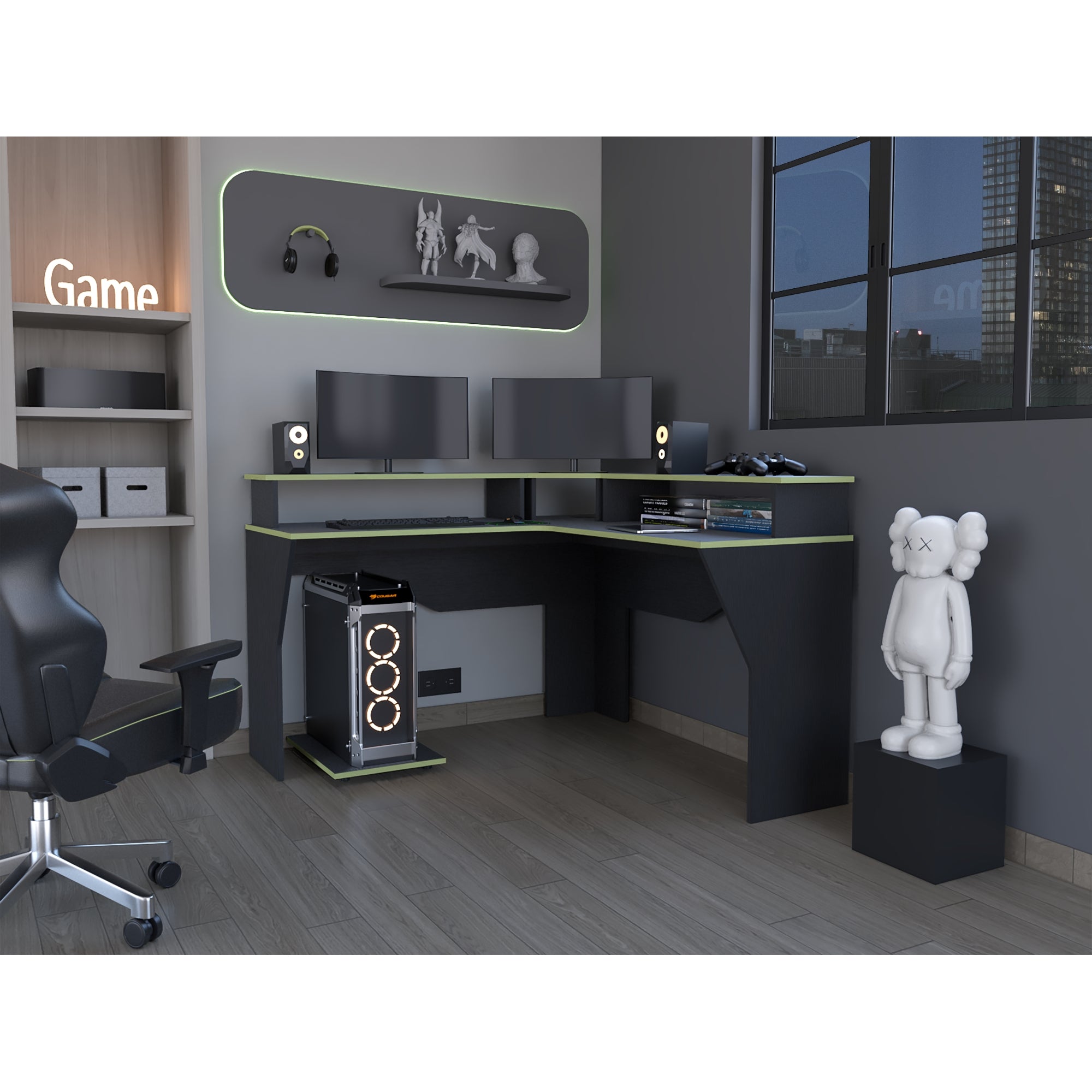 ESCRITORIO GAMER EN L CON 2 NIVELES PARA MONITORES GUMA WENGUE Y VERDE - 7