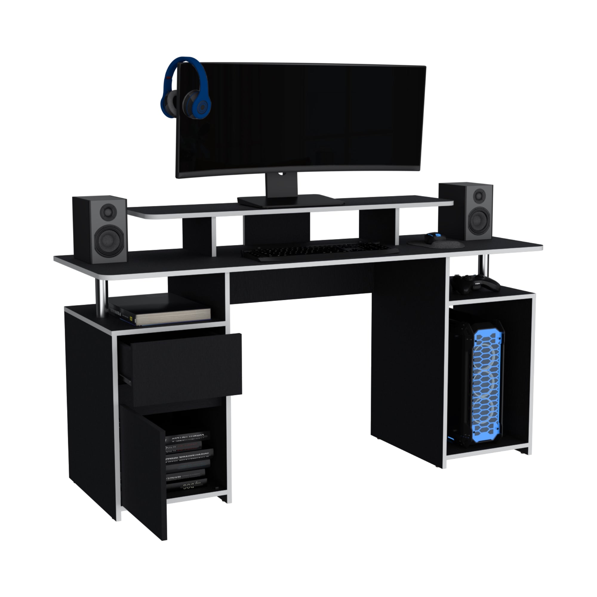 ESCRITORIO GAMER KERIA 1 PUERTA 1 CAJON WENGUE Y BLANCO - 2